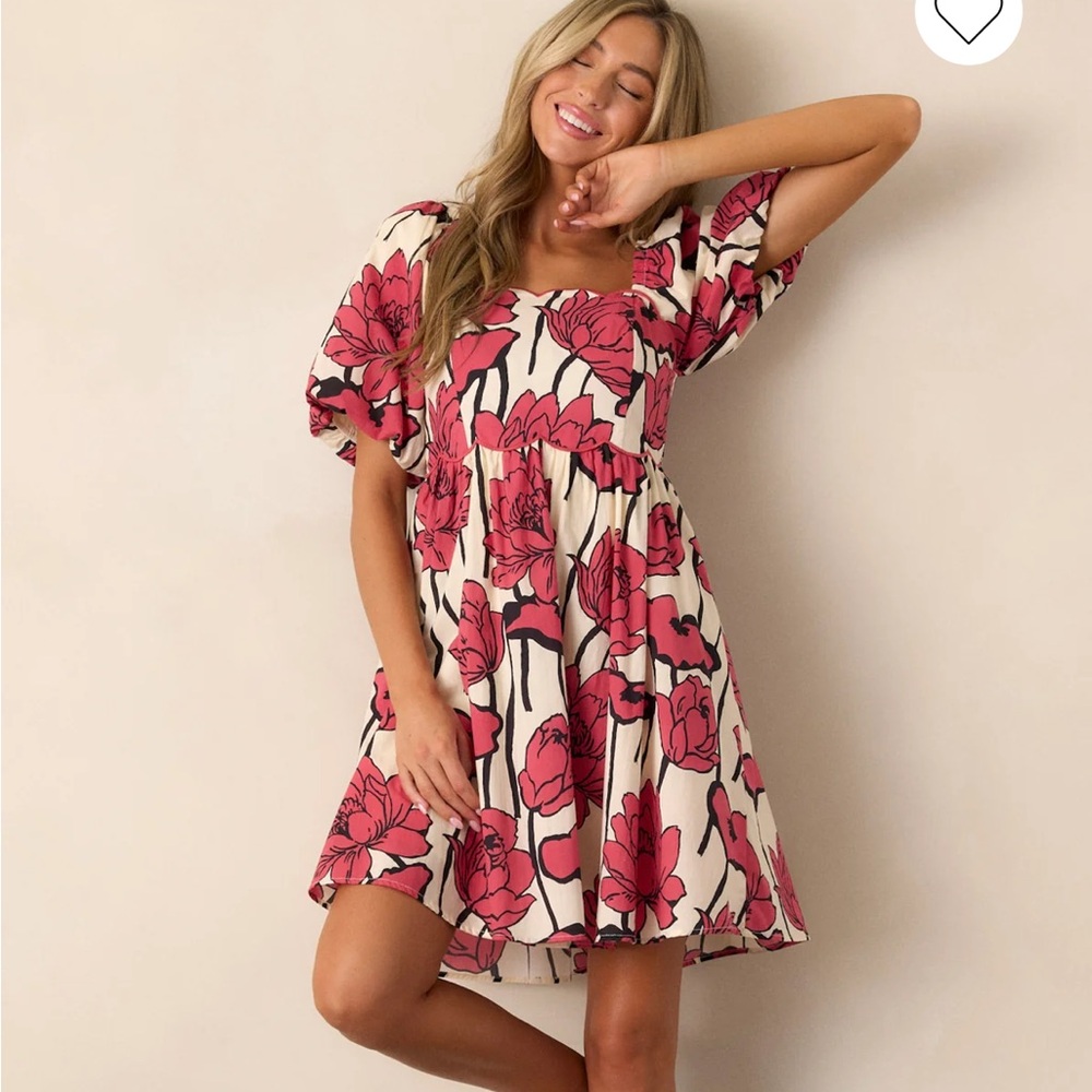 entro Pink Floral Scalloped Neck Puff Sleeve Mini Dress on Cream
